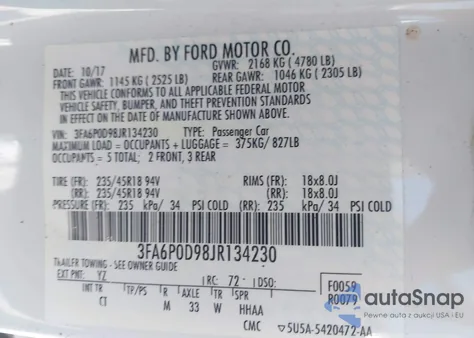 2018 Ford Fusion Titanium z USA, uszkodzony, nr VIN 3FA6P0D98JR134230